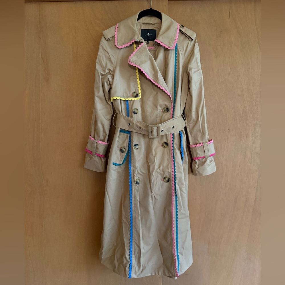 7 For All Mankind Tan Trench Coat with Colorful Trim